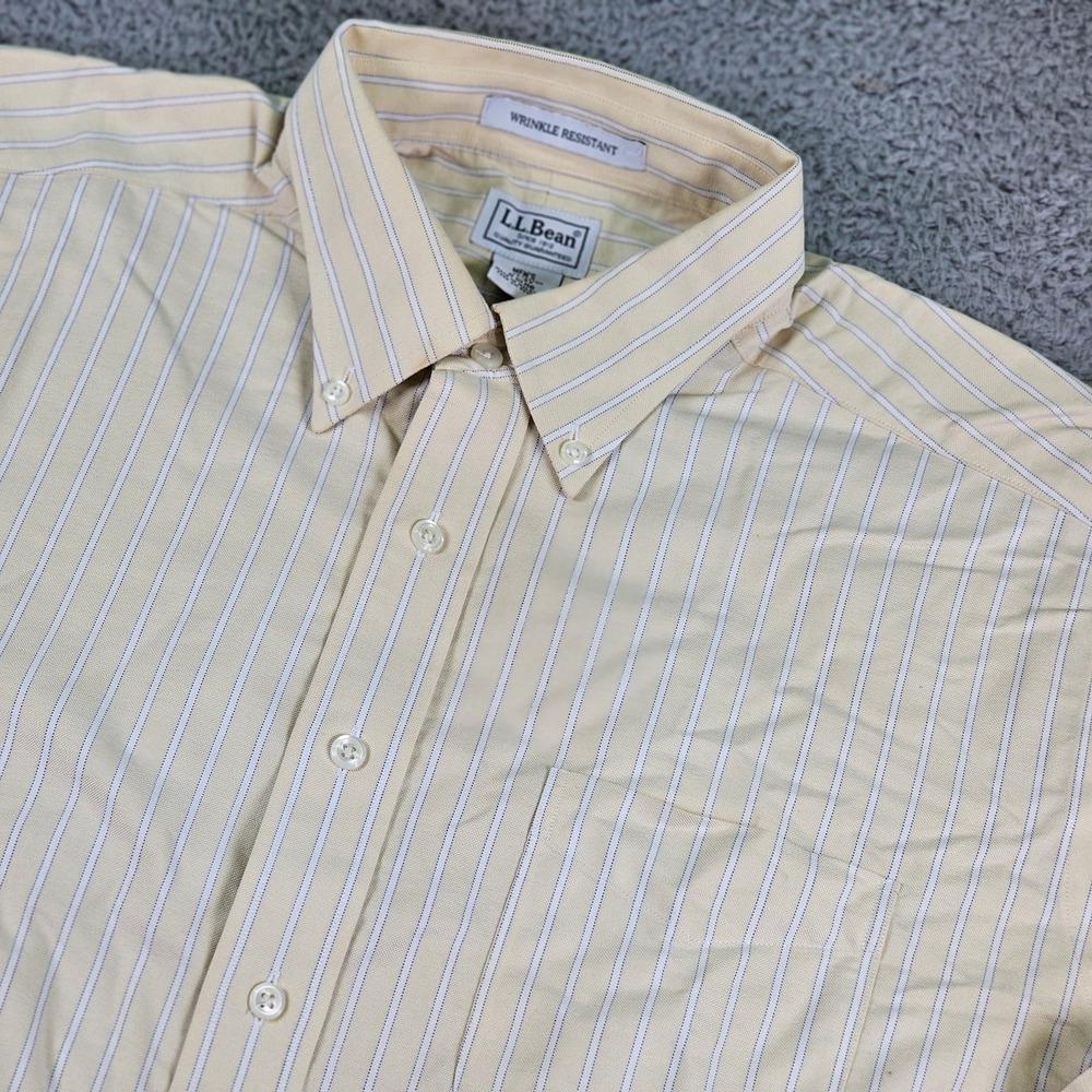 LL Bean Shirt Mens Large 17-37 Yellow Blue Stripe Button Down Wrinkle Resistant